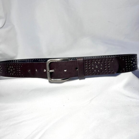 Brown Bonded Leather Women's Studded Embroidered Flowers-Silver Buckle-Size Lg - Picture 9 of 12